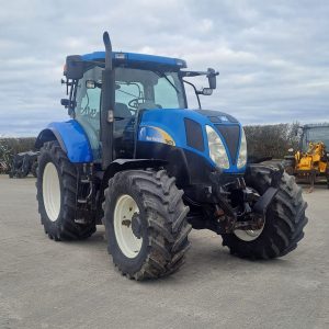 New Holland T6070 tractor viewed from the front-right side, showcasing its robust design and features.