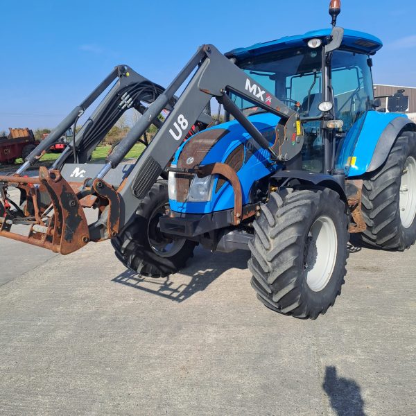 Front-left side view of the MX U8 tractor, highlighting its front-end features and design.