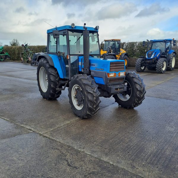 Front-right diagonal view of the Landini Blizzard 85 tractor, showcasing its front-end design and powerful features.