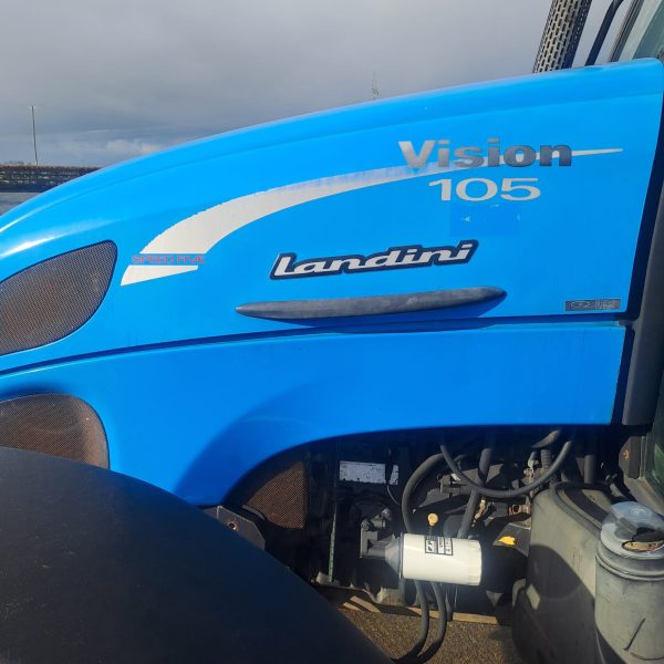 Left side front view of the Landini Vision 105 tractor, highlighting its exterior features.