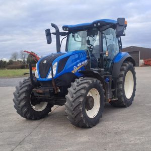 Front side diagonal view of the New Holland T6180 tractor, pointing towards the south-west, showcasing its strong design and high-performance features.