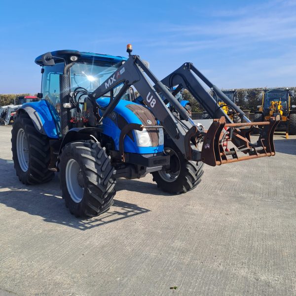 Diagonal view of a blue U8 MX tractor, showcasing its design and agricultural machinery features.