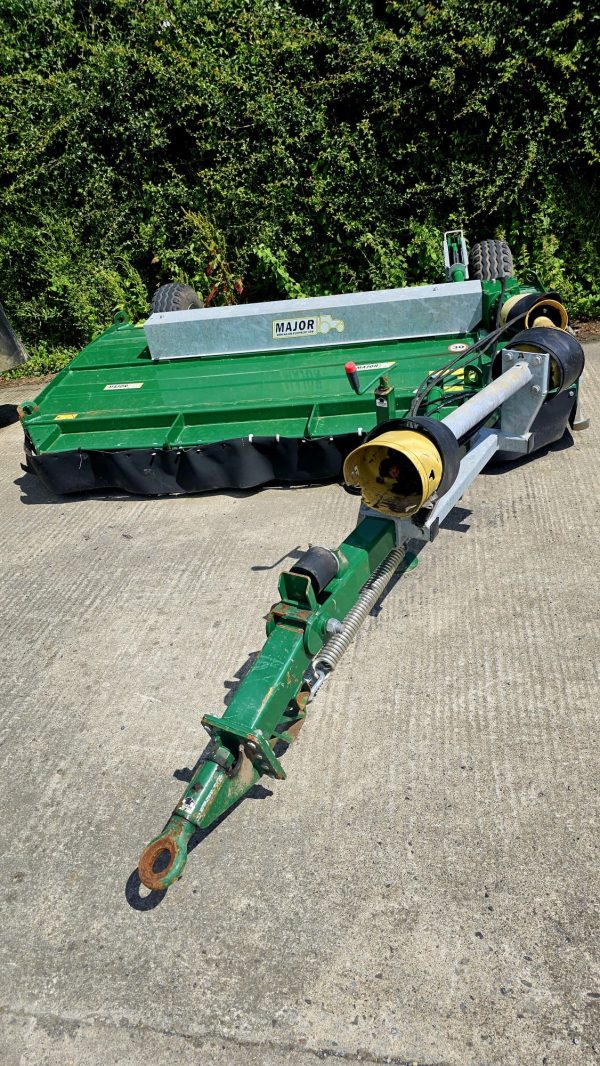 Front view of the Major 9 Foot Mower, in as-new condition, showcasing its design and cutting width for efficient agricultural mowing.