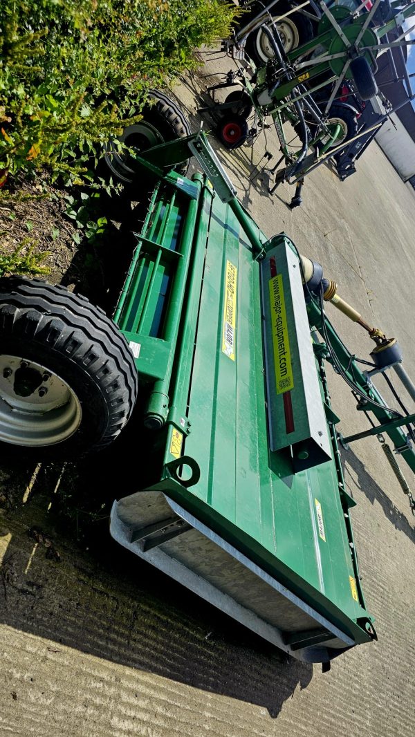 Right side view of the Major 9 Foot Mower, in as-new condition, showcasing its design and features for efficient agricultural mowing.